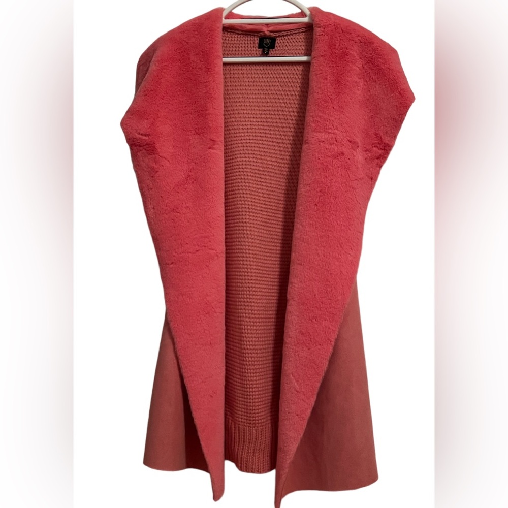 12th Heart Women’s Long Line Open Front Sweater/Fabric Vest w/Faux Fur Pink S
